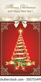 Christmas card with fir and bells in a frame with an ornament