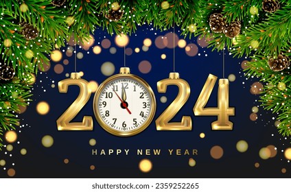 Christmas card with fir border numbers 2024 and clock. On a dark background with bright bokeh and snowflakes. 3d realistic vector.