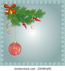 Christmas card with fir branch and ball frame