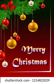 Christmas card with a fir branch colored balls
