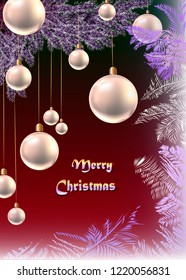 Christmas card with a fir branch whites balls