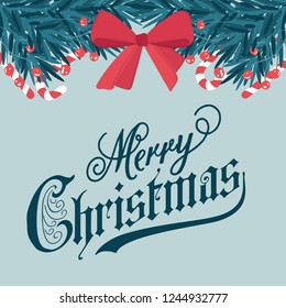 Christmas card with fir branches and candy canes. Christmas background.