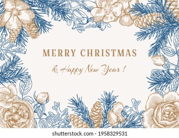Christmas card with fir branches, cones, white roses and a dusty miller. Botanical illustration. White background with a blue and golden pattern.