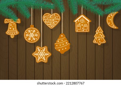 Christmas card fir branches and cookies.Christmas tree holiday cookies.New Year's holiday treats.Vector illustration.