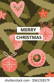 Christmas card with fir branches, Christmas decorations. Cartoon style. Wallpaper, graphics. doodle cute simple design. Holiday. Vector illustration.