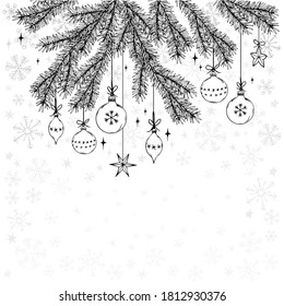 Christmas card with fir branches, decorative balls and snowflakes. Black and white doodle vector illustration.