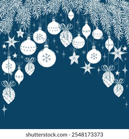 Christmas card with fir branches, decorative balls and snowflakes. Doodle vector illustration.