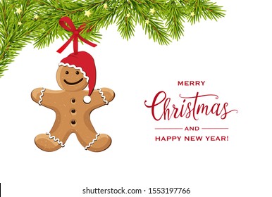 Christmas card with fir branches, golden stars and gingerbread man,
Vector illustration isolated on white background
