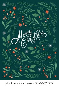 Christmas card. Fir branches on dark green background	
