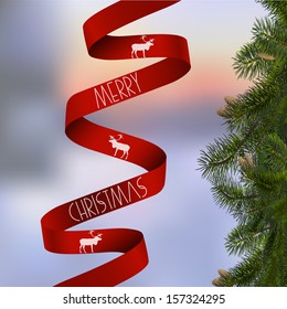 Christmas card with with fir branches and red ribbon. Vector EPS10 