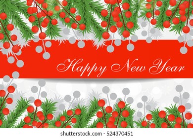 Christmas card with fir branches and red berries. New Year banner, red background. Vector illustration