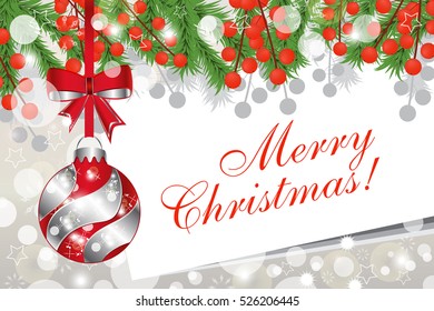 Christmas card with fir branches red berries and ball. The magic white card. Happy New Year 2017. Vector illustration