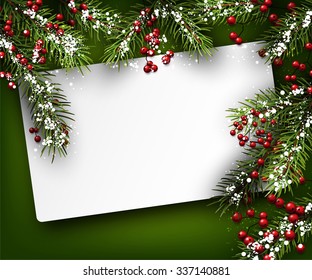 Christmas card with fir branches. Vector paper illustration.