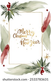 Christmas card with fir branches, watercolor splashes and golden text. Xmas frame. Pastel winter background