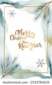 Christmas card with fir branches, watercolor splashes and golden text. Xmas frame. Pastel blue winter background