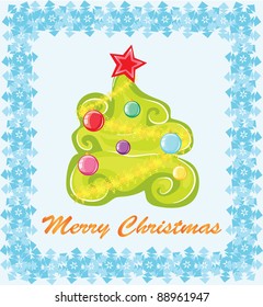 Christmas card. A fir with color balls surrounded with snowflakes on a blue background.