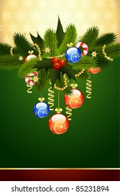 Christmas Card with fir mistletoe and decoration for your design