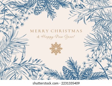 Christmas card with fir and pine branches, cones, dried grasses. Blue pattern with golden greeting. Botanical illustration. Vector holiday card. Sketch. 