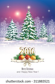 Christmas card with fir tree in 2016 against the background of nature.