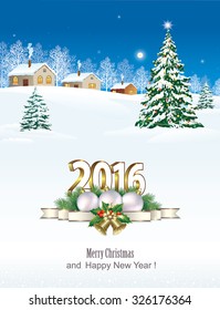 Christmas card with fir tree in 2016 against the background of nature.