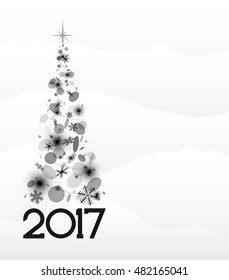 Christmas card with fir tree in 2017. White and snow.