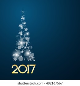 Christmas card with fir tree in 2017. White and snow.