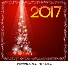 Christmas card with fir tree in 2017. Red and snow.