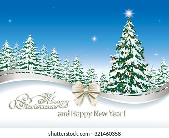 Christmas card with fir tree against the background of nature.