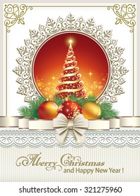 Christmas card with fir tree and balls in the ornament