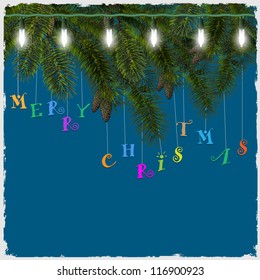 Christmas card with fir tree branch and garland. Vector illustration