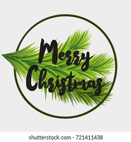 Christmas card with fir tree branches, hanging glitter ball and Merry Christmas text. Can be used for flyers, party posters, season offer advertising and promotion, design gift card or placard.