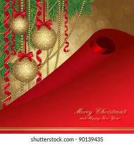 Christmas card with fir tree and gold balls. Christmas postcard for your design. Vector eps 10. All elements are in separate layers and grouped, easy to edit.