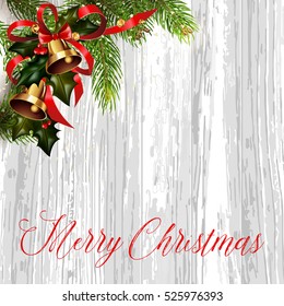 Christmas card with fir tree and jingle bells. Vector Illustration.