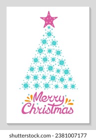 Christmas card with fir tree made of snowflakes. Hand drawn lettering. Simple New Year poster design. Vector flat illustration.
