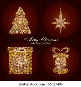 Christmas card with fir tree, star, gift box and bell made from gold snowflakes, Christmas decorations and a wish of Merry Christmas and a Happy New Year on brown background, vector illustration