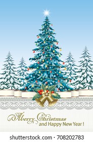 Christmas card with fir treel and bell on the background of nature with ornament. Vector illustration