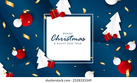 Christmas card with fir trees, Christmas balls and golden confetti. Winter holiday vector illustration