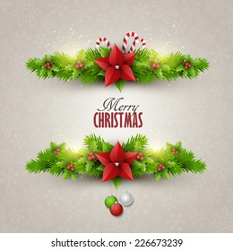 Christmas card with fir twigs and decoration elements