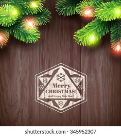Christmas card with fir twigs and lights. Vector illustration.