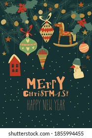 Christmas card with fir twigs and vintage toys