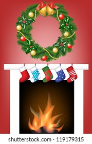 Christmas card with fire place, socks and garland