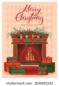 Christmas card with fireplace, boxes with gifts and decorations. Merry Сhristmas and New Year holiday. Cozy winter vector illustration