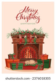 Christmas card with fireplace, boxes with gifts and decorations. Merry Сhristmas and New Year holiday. Cozy winter vector illustration