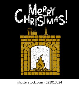 Christmas card. Fireplace, burning candle, gift boxes hand drawn isolated. Merry Christmas hand written font
