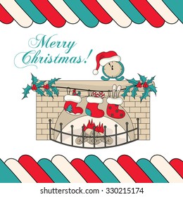 Christmas card with fireplace and inscription: Merry Christmas!
