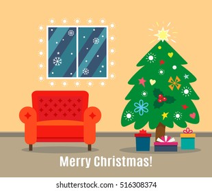 Christmas card with fireplace interior. flat vector illustration. easy to use