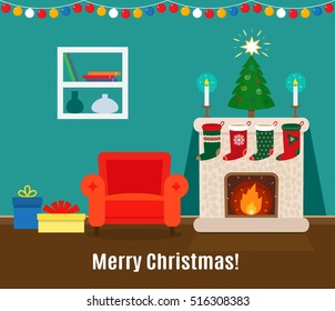 Christmas card with fireplace interior. flat vector illustration. easy to use