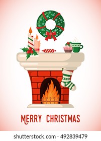 Christmas Card with fireplace and Christmas sock in flat style. Vector illustration.