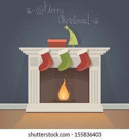 Christmas Card with fireplace and Christmas socks