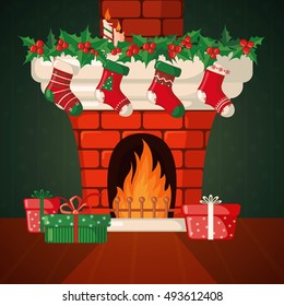 Christmas Card with fireplace and socks in flat style. Vector illustration.